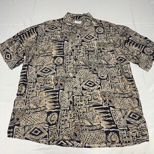 Porcini Silk Shirt Mens M Hawaiian Geometric AOP Button Up SS Camp